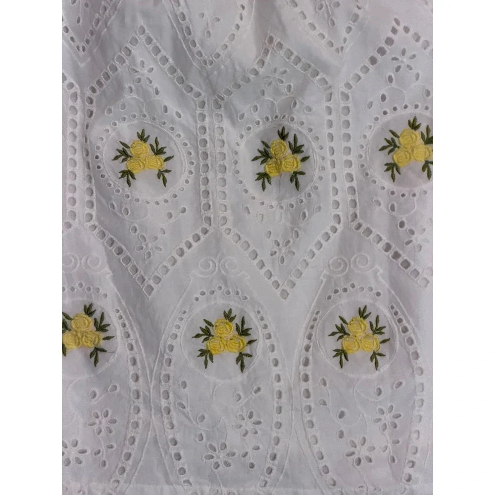 Anthropologie White Eyelet Lace Embroidered Floral Puff Sleeve Forever that Girl